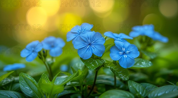 Tranquil scene with Ceratostigma willmottianum Forest Blue flowers and green leaves against a