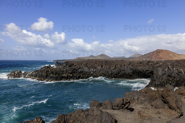 Rocky coast of Los Hervideros, volcanic landscape, Timanfaya National Park, Lanzarote, Canary