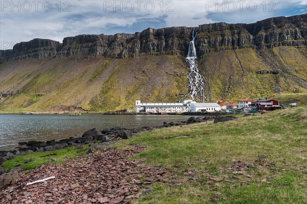 Baejararfoss waterfall, abandoned Djupavik herring factory, Reykjarfjoerour, Strandir, Arnes,