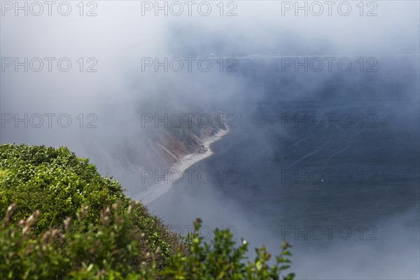 Coastal seascape in fog, Gulf of Saint Lawrence, Province of Quebec, Canada, sea, water, blue,