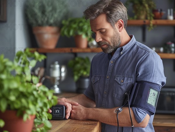 A man checks his blood pressure with a measuring device. Avoidance of bulk hypertension, scarcity,