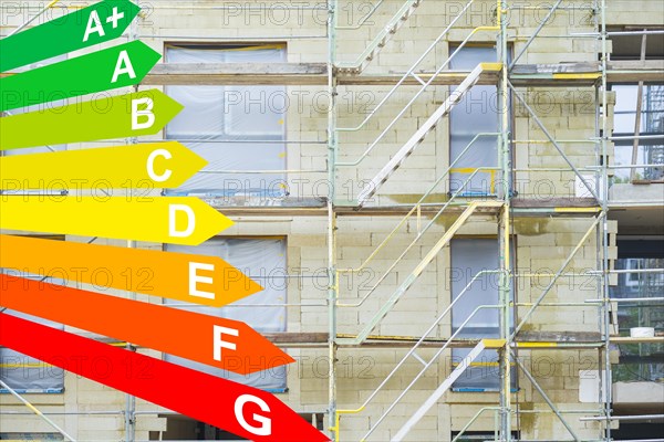 Insulation of a facade with mineral fibre boards, graphic with energy efficiency classes for