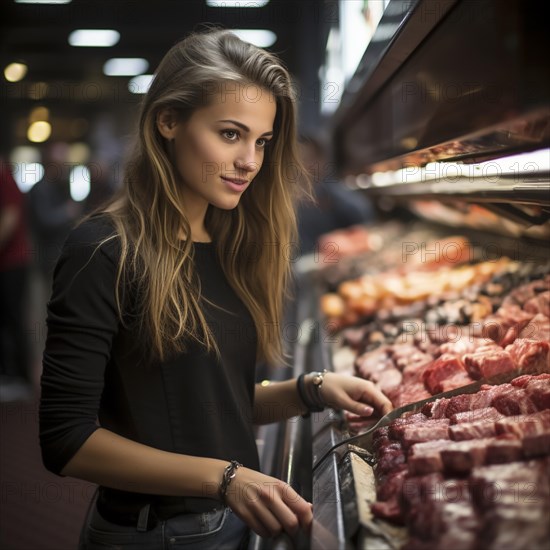 Young woman shopping in supermarket, at the cheese counter, meat counter, fruit stand, bakery, fish