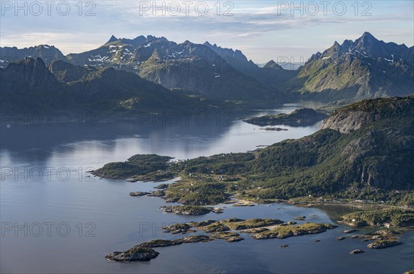 Fjord Raftsund and mountains, view from the top of Dronningsvarden or Stortinden, Vesteralen,