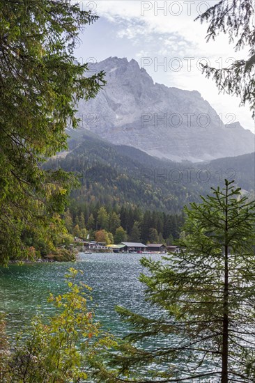 Zugspitze massif and Zugspitze with Eibsee lake, Wetterstein mountains, Grainau, Werdenfelser Land,