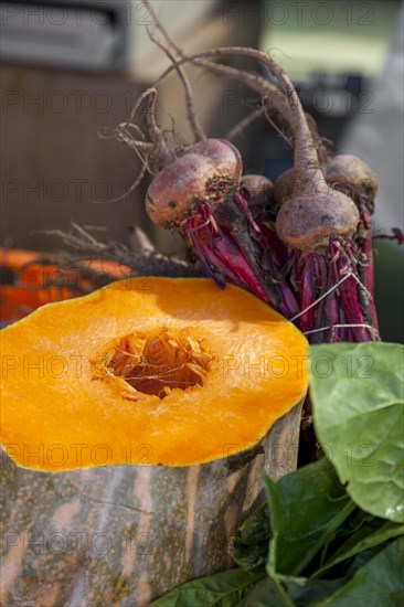 Market stall, market sale of vegetables, pumpkin and beetroot, Majorca, Balearic Islands, Spain,