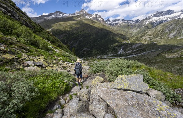 Mountaineers on a hiking trail in front of a picturesque mountain landscape, rocky mountain peaks
