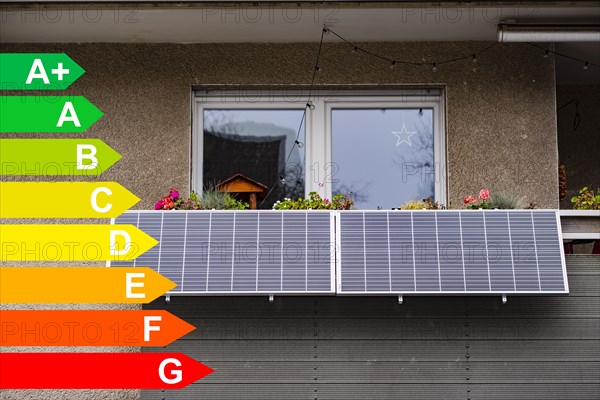 Balcony power station on an apartment block, diagram with energy efficiency classes for buildings