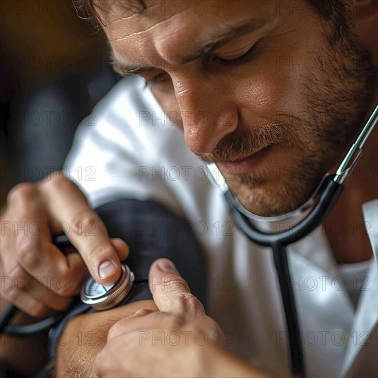 A man checks his blood pressure with a measuring device. Avoidance of bulk hypertension, scarcity,