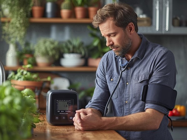 A man checks his blood pressure with a measuring device. Avoidance of bulk hypertension, scarcity,