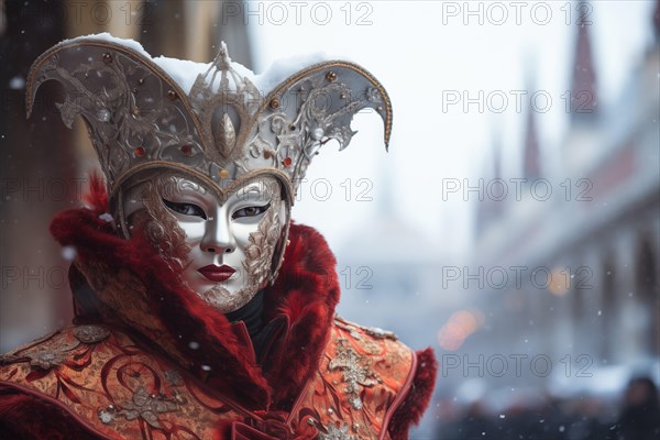 A person adorned in a richly detailed and colorful carnival costume, complete with an elaborate