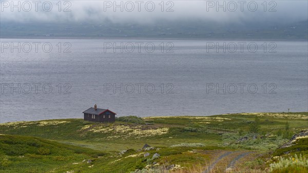 Shot of a hut on Lake Soenstevatn in the rain, landscape format, inland waters, log cabin, holiday
