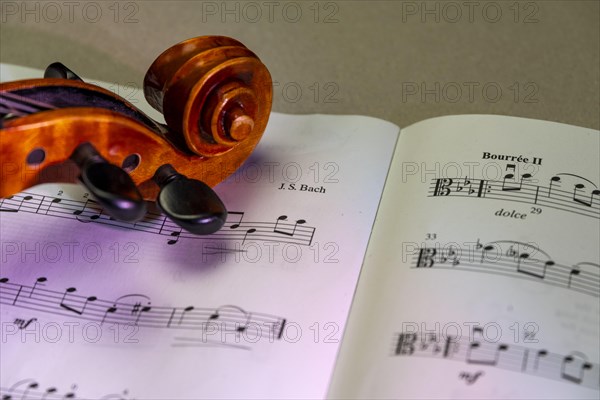 Detailed view of a violin with scroll and pegbox in front of sheet music, studio photograph,
