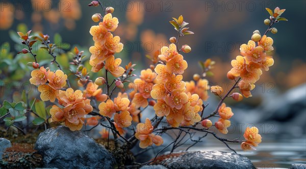 Vivid Berberis thunbergii orange blossoms emerging from rocks by water, creating a tranquil scene,