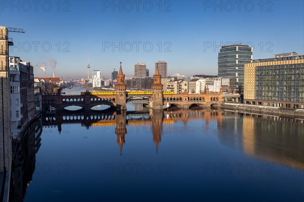Oberbaum Bridge over the Spree, underground train BVG, city view Berlin, Friedrichshain-Kreuzberg,