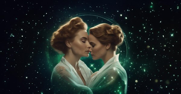 Young woman Gemini by zodiac sign with brown hair and green eyes against the background of the