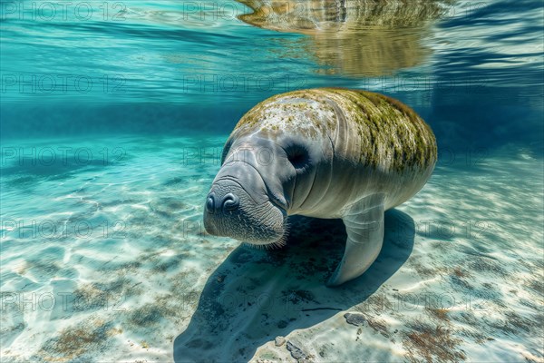 A manatee (Trichechus manatus) swims serenely in clear blue water, surrounded by natural beauty, AI