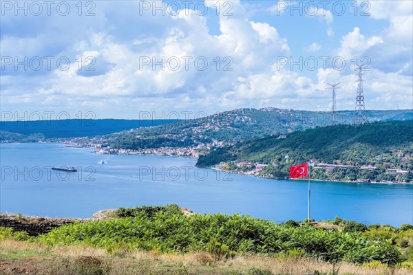 Bosporus Strait seen from hillside with ships and city buildings in background in Istanbul,