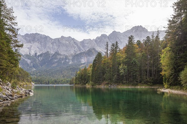 Zugspitze massif and Zugspitze with Eibsee lake, Wetterstein mountains, Grainau, Werdenfelser Land,