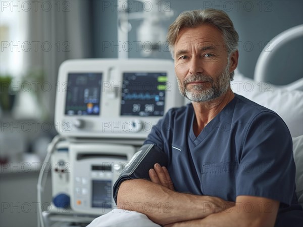 A man checks his blood pressure with a measuring device. Avoidance of bulk hypertension, scarcity,