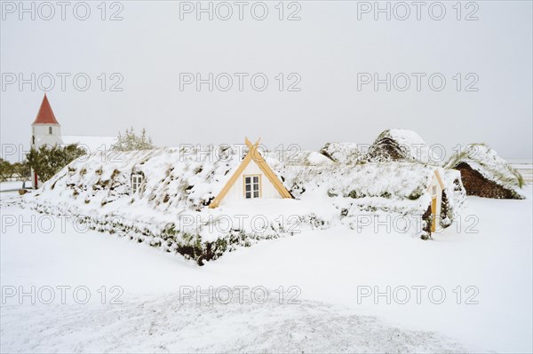 Grass sod houses, peat farm or peat museum Glaumbaer or Glaumbaer in winter, Skagafjoerour,