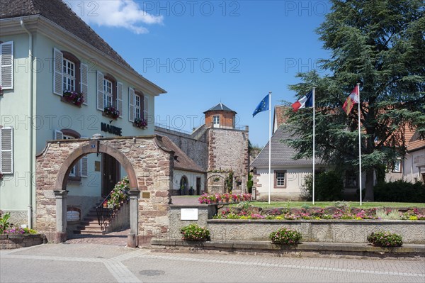 Town hall with historic municipal wine press and former town wall, Westhoffen, Alsace, France,