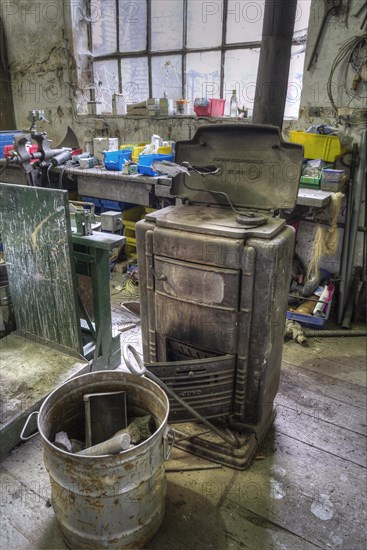 Workshop with coal furnace of a metal powder mill, founded around 1900, Igensdorf, Upper Franconia,