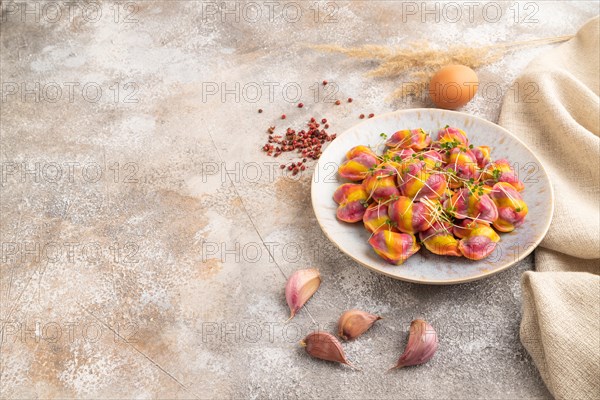 Rainbow colored dumplings with pepper, herbs, microgreen on brown concrete background and linen