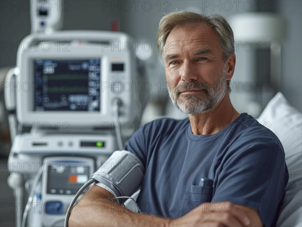 A man checks his blood pressure with a measuring device. Avoidance of bulk hypertension, scarcity,