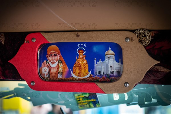 Sai Baba, Mary and mosque, depicted in a rickshaw, Pondicherry or Puducherry, Tamil Nadu, India,