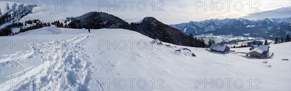 Winter mood, snow-covered landscape, snow-covered alpine peaks, view from the Schafbergalm to Lake