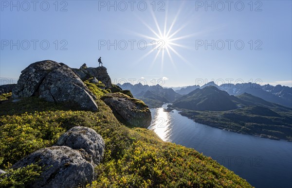 Mountaineer on the summit of Dronningsvarden or Stortinden, behind sea and fjord Umvagsundet,