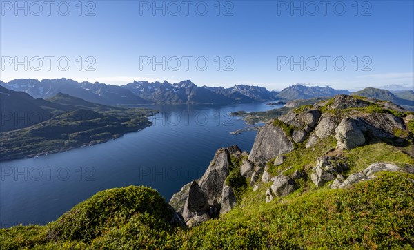 View of Fjord Raftsund and mountains, view from the top of Dronningsvarden or Stortinden,