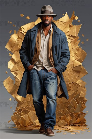 A 40s stylish african american man with a hat standing confidently in front of an exploding golden