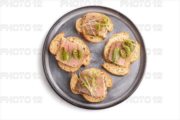 Bread sandwiches with jerky salted meat, sorrel and cilantro microgreen isolated on white