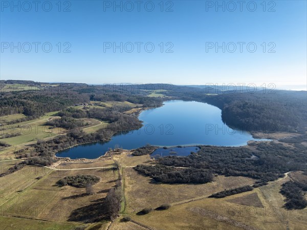 Aerial view of Lake Mindelsee, a glacier tongue lake on the Bodanrueck, district of Constance,