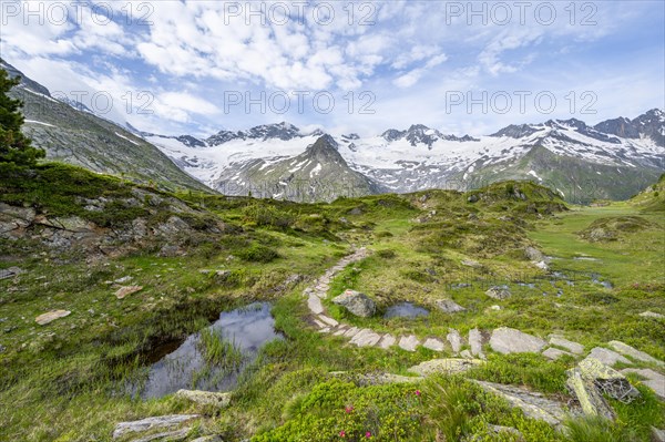 Hiking trail in picturesque mountain landscape, mountain peaks with snow and glacier Hornkees and