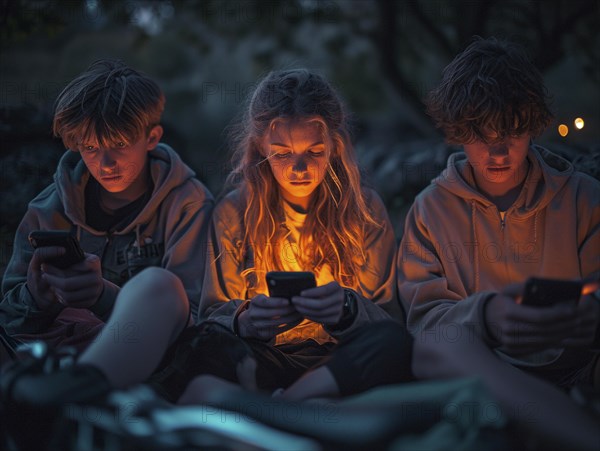 Several young people look bored at their cell phones, neglect social contacts, sport, reading, AI
