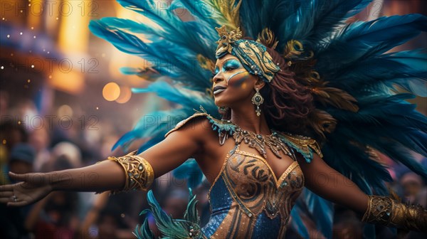 A dancer mascot adorned in a dazzling costume with feathers, immersed in the energetic atmosphere