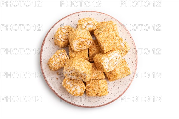 Traditional turkish delight (rahat lokum) isolated on white background. top view, flat lay, close