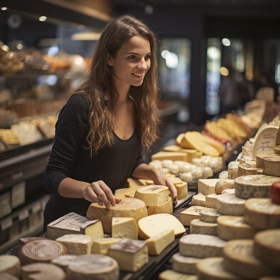 Young woman shopping in supermarket, at the cheese counter, meat counter, fruit stand, bakery, fish