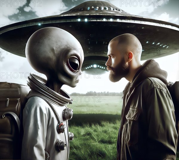 Science fiction, space travel, encounter of an extraterrestrial alien with a human, a UFO lands