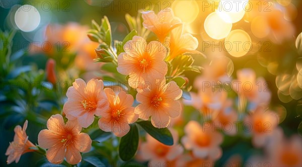 Warm sunlight illuminates delicate orange campsis summer jazz trumpet flowers with green foliage in