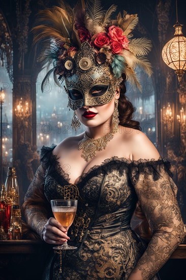 Portrait vibrant curvy woman wear carnival mask, antique lace costume in misty venetian cityscape