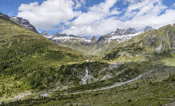 Picturesque mountain landscape, rocky mountain peaks with snow, valley Zemmgrund with Zemmbach and