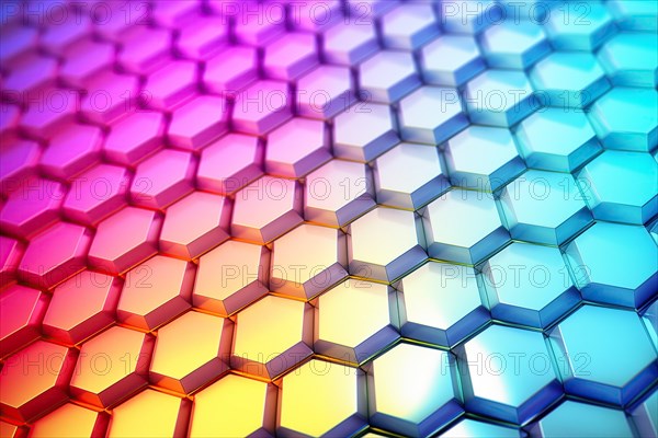 Gradient honeycomb pattern illuminated with vibrant colors. Ideal for backgrounds, wallpapers, and