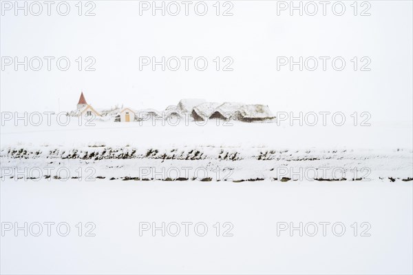 Grass sod houses, peat farm or peat museum Glaumbaer or Glaumbaer in winter, Skagafjoerour,