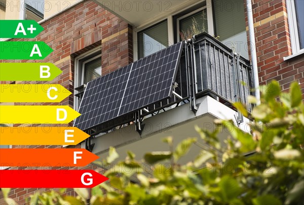 Balcony power station on an apartment block, diagram with energy efficiency classes for buildings