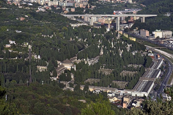 View from Granarolo to the Staglieno Monumental Cemetery, Italian Cimitero monumentale di