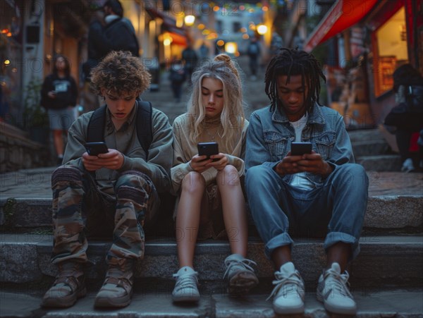 Several young people look bored at their cell phones, neglect social contacts, sport, reading, AI